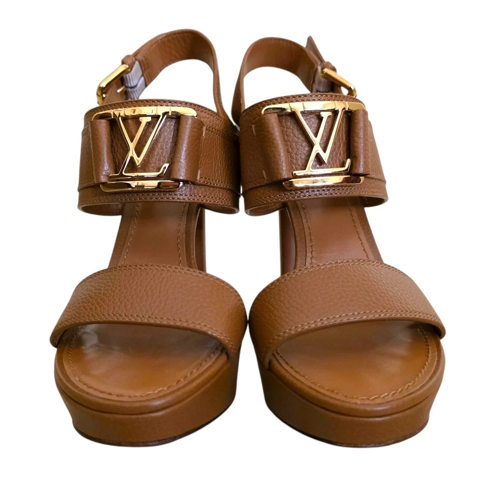 Louis Vuitton Platform Brown Leather Heel Sandals Logo Open Toe IT 36.5 US 6.5